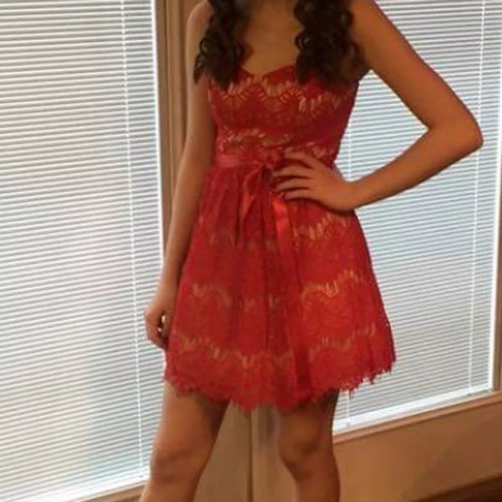 Red & Nude Lace Homecoming Dress